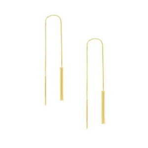 Tube Bar Box Chain Threader Earrings Real 14k Yellow Gold - Picture 1 of 2