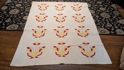 Antique Early Country Hand Stitched Red Textile Carolina Lily Quilt 81" - Image 1 of 4