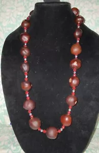 Hawaiian Brown Kukui Nut Lei 32” Necklace with red/white beads with lobstet claw - Picture 1 of 4
