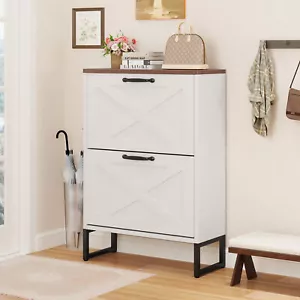 White Narrow Shoe Cabinet with 2 Flip Drawers Metal Legs for Entryway Hallway - Picture 1 of 8