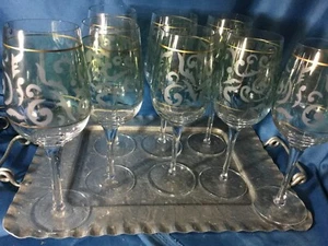8 Pier 1 Gold Blue Iridescent Etch Scrolls Wine Glasses 9 1/4" Tall 16oz Vtg Set - Picture 1 of 8