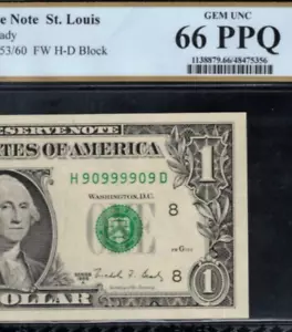 1988A $1 Federal Reserve Note PCGS 66PPQ super radar serial number 90999909 - Picture 1 of 3