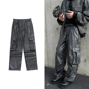Pantaloni uomo casual larghi dritti retrò gamba larga da lavoro pelle PU pantaloni lunghi - Foto 1 di 19