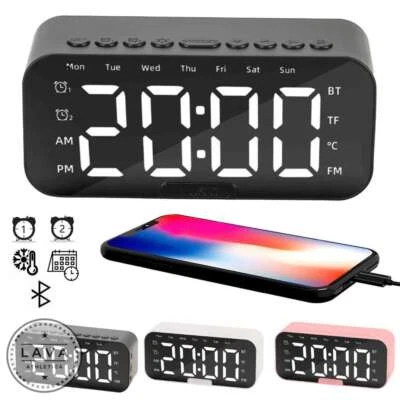Digital Alarm Clock Wireless Bluetooth Mirror LED With Speaker USB Rechargeable - Image 1 of 4