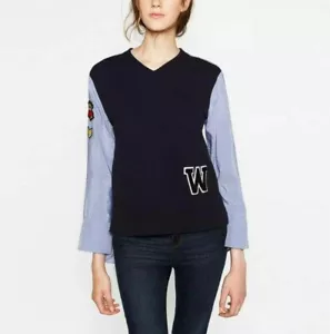 ZARA BLUE VARSITY LETTERMAN PATCHES STRIPED TOP SWEATER VEST BLOUSE 486/242 S - Picture 1 of 13