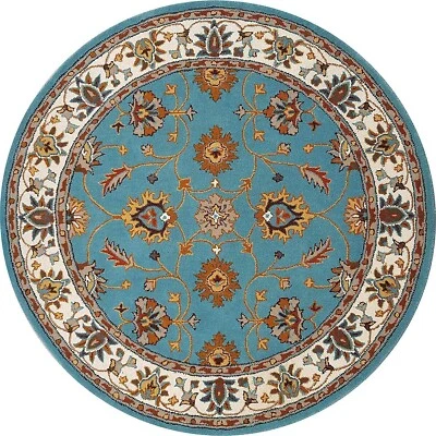  Rug Area Handmade Tufted Wool Hand Carpet Round Rugs Ivory Woolen Blue 100% - Image 1 of 4