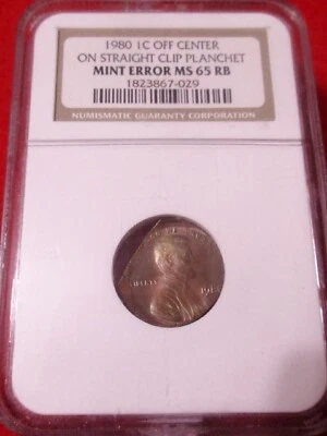 1980 ERROR NGC MS65 OFF CENTER on STRAIGHT CLIP Plan. Lincoln Cent GEM BU Coin - Image 1 of 4
