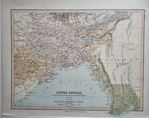 1878 ANTIQUE MAP INDIA LOWER BENGAL ASSAM & CENTRAL PROVINCES BRITISH BURMA - Picture 1 of 5
