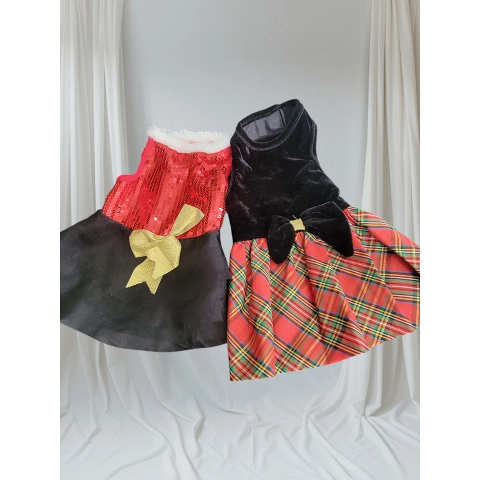 2 Vestido de fiesta de Navidad para perro rojo negro lentejuelas terciopelo lazos talla pequeña Foto 1 de 4