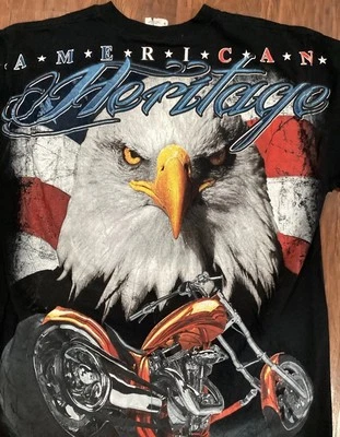 C&H American Heritage Men's Black T-Shirt Size Medium All Over Print Motorcycle Foto 1 de 4