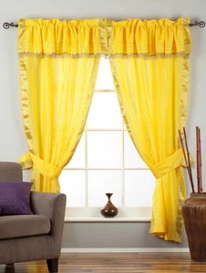 Lined 2 Gypsy Rod Pocket Curtains Beaded Valance 2 Tiebacks - Picture 1 of 21