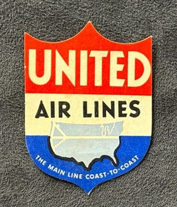 UNITED AIR AIR LINES KLEINES GEPÄCK ~ LUFTPOST ETIKETT ~ SCHILDFORM ~ USA-ROUTENKARTE - Bild 1 von 2