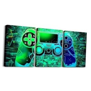  3 Piece Gamer Canvas Wall Art for Living Room Tech Line Gaming Green Blue - Picture 1 of 7