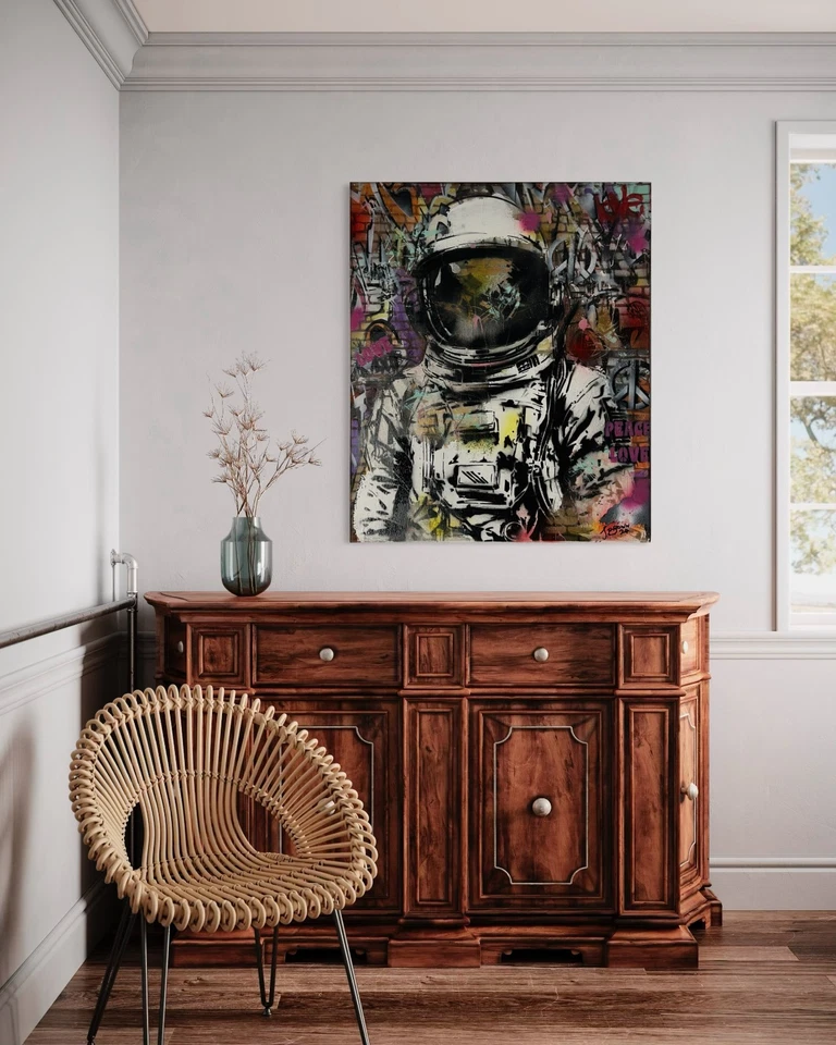 Arte en lienzo pintado en aerosol original Spaceman arte pop hecho a mano graffiti arte de pared Foto 1 de 4