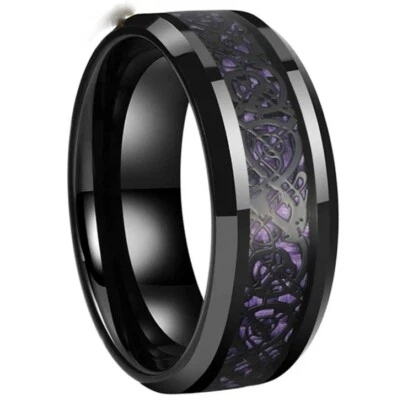 8MM Red Carbon Fiber Inlay Dragon Ring Tungsten Carbide Ring Band Beveled Edges - Image 1 of 4
