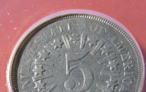 1866 Shield Nickel Rays ANACS AU55 details Struck Through Grease Mint Error Cover