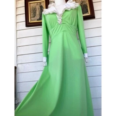 Vintage 1970's Lime Green Maxi Dress Mod Poly KNit - Image 1 of 4