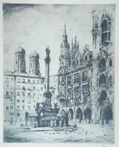 Josef Steib Radierung 1949 München Marienplatz - Bild 1 von 4
