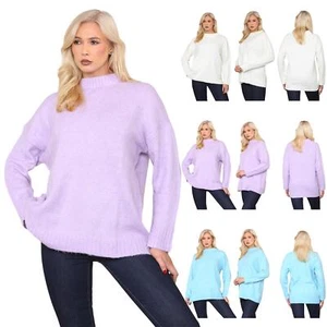 Womens Pullover Plain Oversized Knitted High Neck Long Sleeve Jumper Sweater Top - Picture 1 of 10
