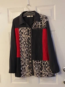 Chico's Sz 3 (XL) Blouse Shirt Long Sleeve Black/Red/Ivory Patchwork front - Picture 1 of 11