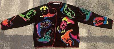 Vintage Michael Simon Western Cowboy Boots Ugly Sweater Cardigan Neon Size 1 S-M - Image 1 of 4