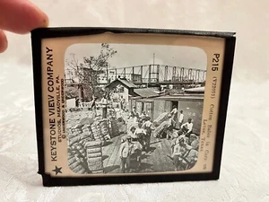 ANTIQUE MAGIC LANTERN SLIDE BLACK WHITE COTTON BALES IN CARS P215 KEYSTONE - Picture 1 of 3