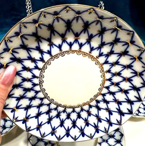 Russian Imperial Porcelain Cobalt Net 6.5" Lomonosov Bread & Butter PLATES NEW - Picture 1 of 9