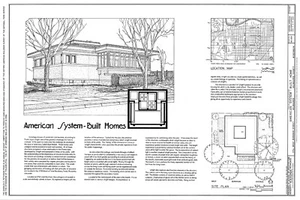 Frank Lloyd Wright, single story house plans, narrow lot, Prairie Style home - Picture 1 of 8