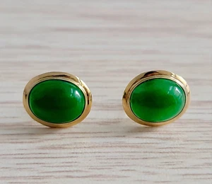 Antique 10x7mm Natural Green Jade Earring 14k Yellow Gold Finish Stud Earring