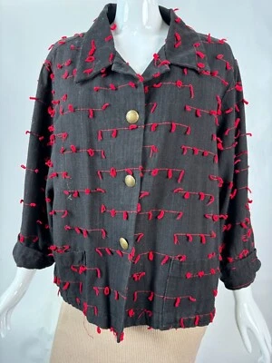 Vintage Black & Red Cactus Flower Jacket With Textured Knot Detailing & Brass Bu - Image 1 of 4