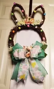 NEW GRAPEVINE BUNNY HEAD PASTEL PINK ROSES PRETTY BOW & GLITTER EGGS - Picture 1 of 6