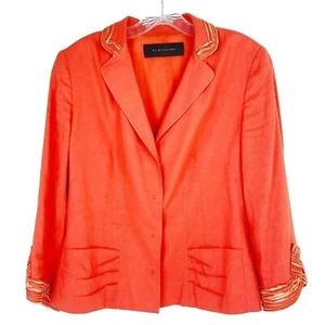 Vintage Tahari Linen Blend Blazer Jacket L Coral Detail Trim Ruching Lined Retro - Picture 1 of 16