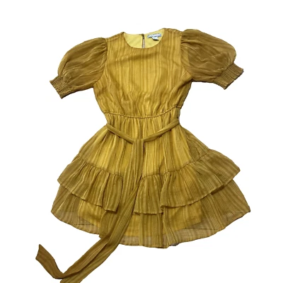A. Calin Flying Tomato Stripe Puff Sleeve Dress Women L Mustard Tiered High Neck - Image 1 of 4
