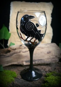 Hand Decorated Witches Glass Chalice with Raven and Moon Wicca Pagan Altar Crow - Picture 1 of 10