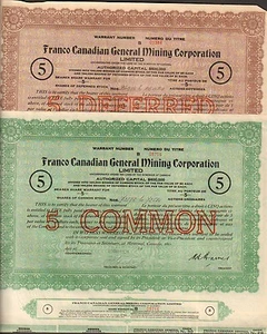 DECO => 2 titres: FRANCO CANADIAN General Mining Corp. (CANADA) (I) - Foto 1 di 1