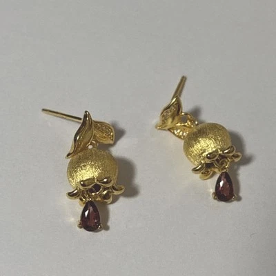 925 Silber Vergoldete Maiglöckchen Ohrstecker mit Natürlichem Rotem Granat - Bild 1 von 4