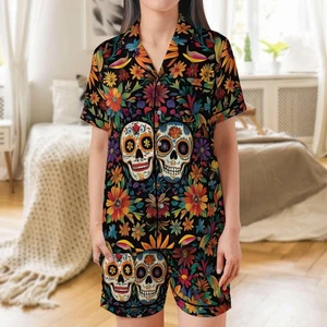 Sugar Skull Satin Pajama Set - Short Sleeve Day of the Dead Calavera PJs - Picture 1 of 11