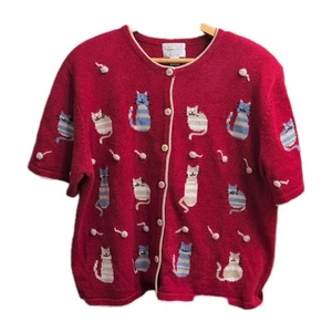 Vintage Christopher & Banks bestickter kurzärmliger Pullover Cardigan Katze Damen XL - Bild 1 von 12