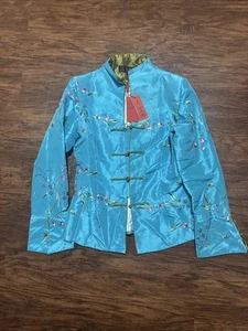 Wei Na Si - Chaqueta de mujer grande verde azulado satinado floral escritorio chino palanca ¡Nueva-Otra! - Imagen 1 de 19