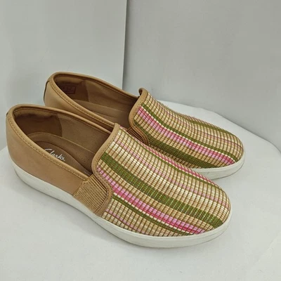 Clarks Woven Stripe Loafers Size 11 W Wide Pink Beige Green Slip On Flats Shoes - Image 1 of 4