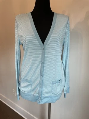 Suéter cárdigan Lauren Jeans Co. LRL para mujer grande azul a rayas algodón con botones Foto 1 de 4