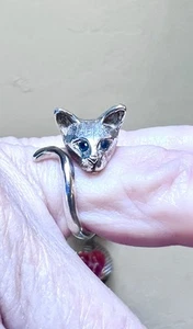 Wonderful Designer Ornate Sterling Silver & Gemstone Kitty Cat Adjustable Ring - Picture 1 of 20