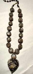 Vintage Venetian Sommerso Rare Gray Glass Beads Beaded Necklace Heart Pendant - Picture 1 of 10