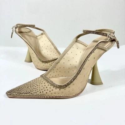 Cult Gaia Diya Pointed Toe Crystal Ankle Strap Pumps Heels Sand Dollar NEW - Image 1 of 4