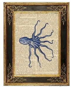Pulpo azul #1 impresión artística en página de libro vintage decoración del hogar oficina tentáculos - Imagen 1 de 3