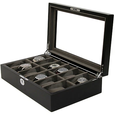 12 Watch Box Black Finish Wood Constructed Glass Window - Image 1 of 4