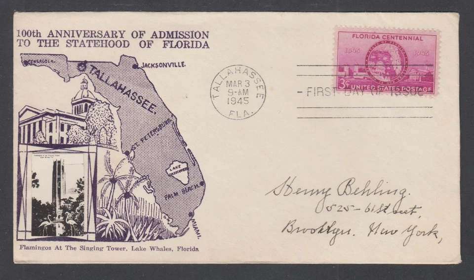 US Planty 927-32 FDC. 1945 3c Florida Centennial, Crosby photo cachet - Image 1 of 1