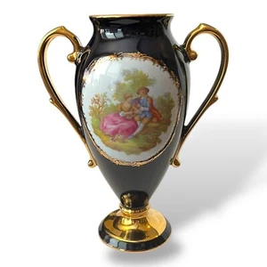 Jarrón Limoges Castel France azul cobalto y oro 22K con doble mango 10" como nuevo - Imagen 1 de 12