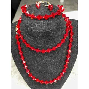Red Crystal Bead Necklace Bracelet Set Custom Jeweler 29'' Beads Dangle Earrings - Picture 1 of 12