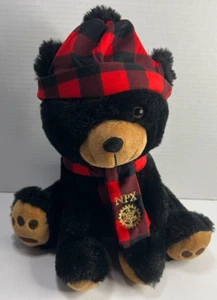 NPX Black Teddy Bear Plush Red Black Plaid Hat & Scarf Stuffed Animal - Picture 1 of 5